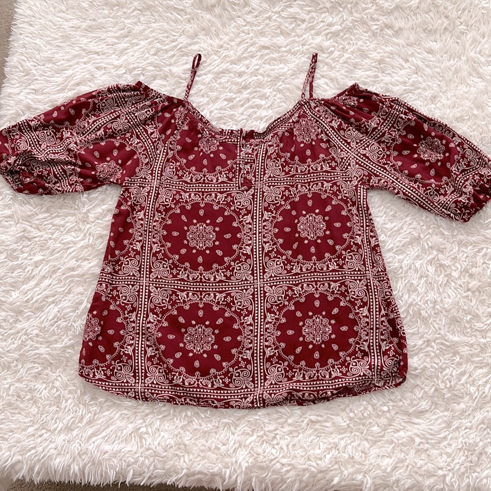 Cold Shoulder Passport Maroon Blouse Womens Casual BOHO